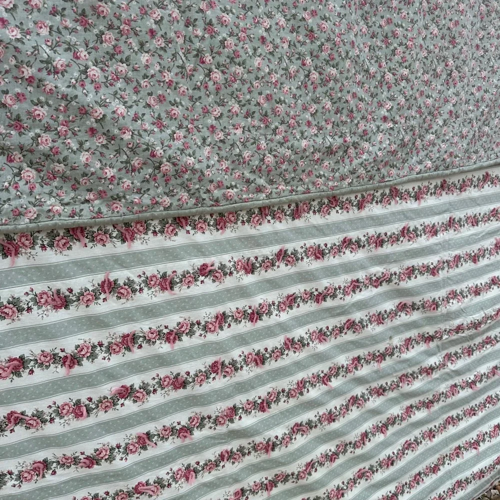 Vintage Reversible Rose Floral Sage Green Hand Tied Quilt Cottagecore 84x92